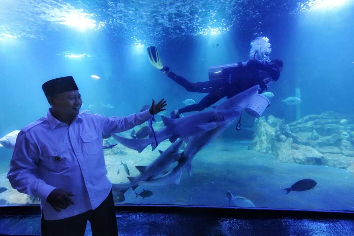 Wakil Gubernur Jawa Barat Uu Ruzhanul Ulum meninjau Aquarium Indonesia Pangandaran di Kabupaten Pangandaran, Senin (30/1/2023). 