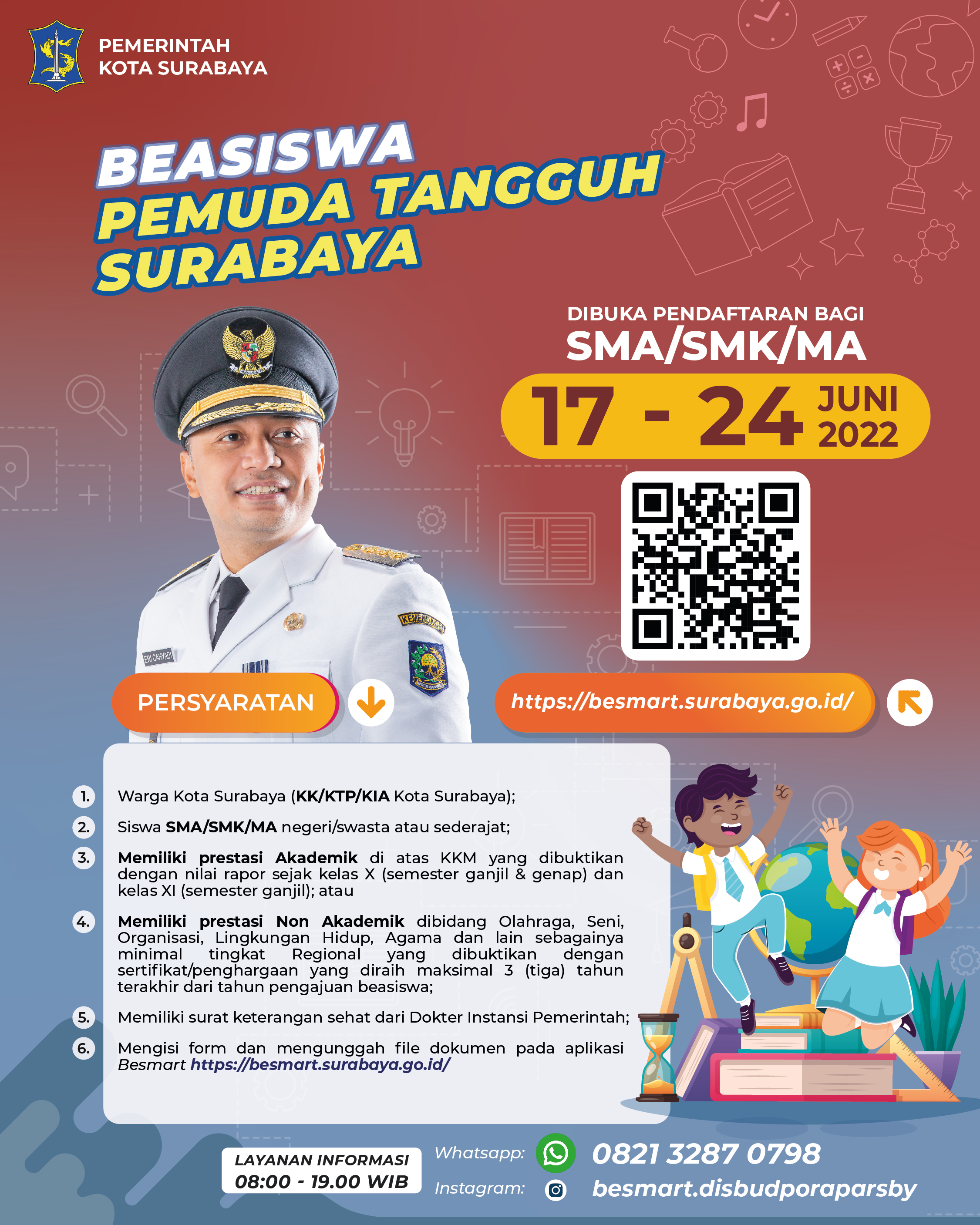 Pemkot Surabaya membuka pendaftaran beasiswa Pemuda Tangguh Surabaya yang dikhususkan bagi jenjang SMA/SMK/MA sederajat.