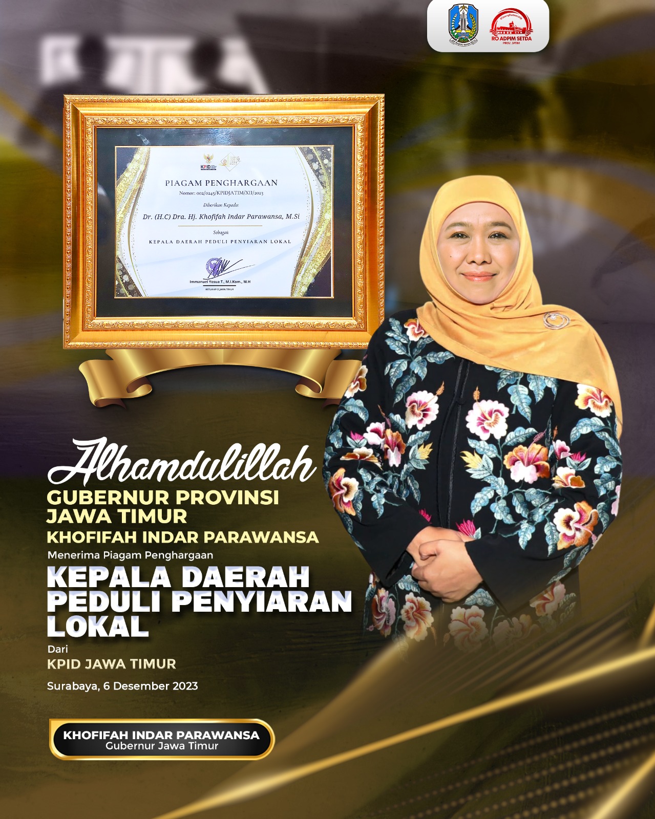 Gubernur Jawa Timur Khofifah Indar Parawansa menerima penghargaan Kepala Daerah Peduli Penyiaran Lokal 2023 pada ajang Anugerah Penyiaran Komisi Penyiaran Indonesia Daerah (KPID) Provinsi Jatim Tahun 2023