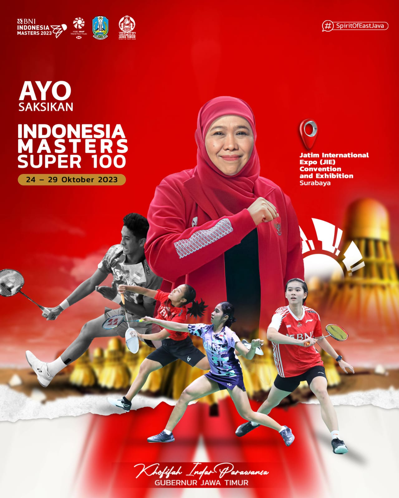 gelaran Indonesia Masters Super 100 yang digelar di Jatim International Expo Convention Surabaya mulai besok 24 Oktober 2023 hingga 29 Oktober 2023 mendatang.