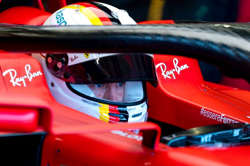 Pebalap Ferrari Sebastian Vettel di Grand Prix 70th Anniversary, Sirkuit Silverstone, Inggris (9/8/2020) FIA/HO via Reuters
