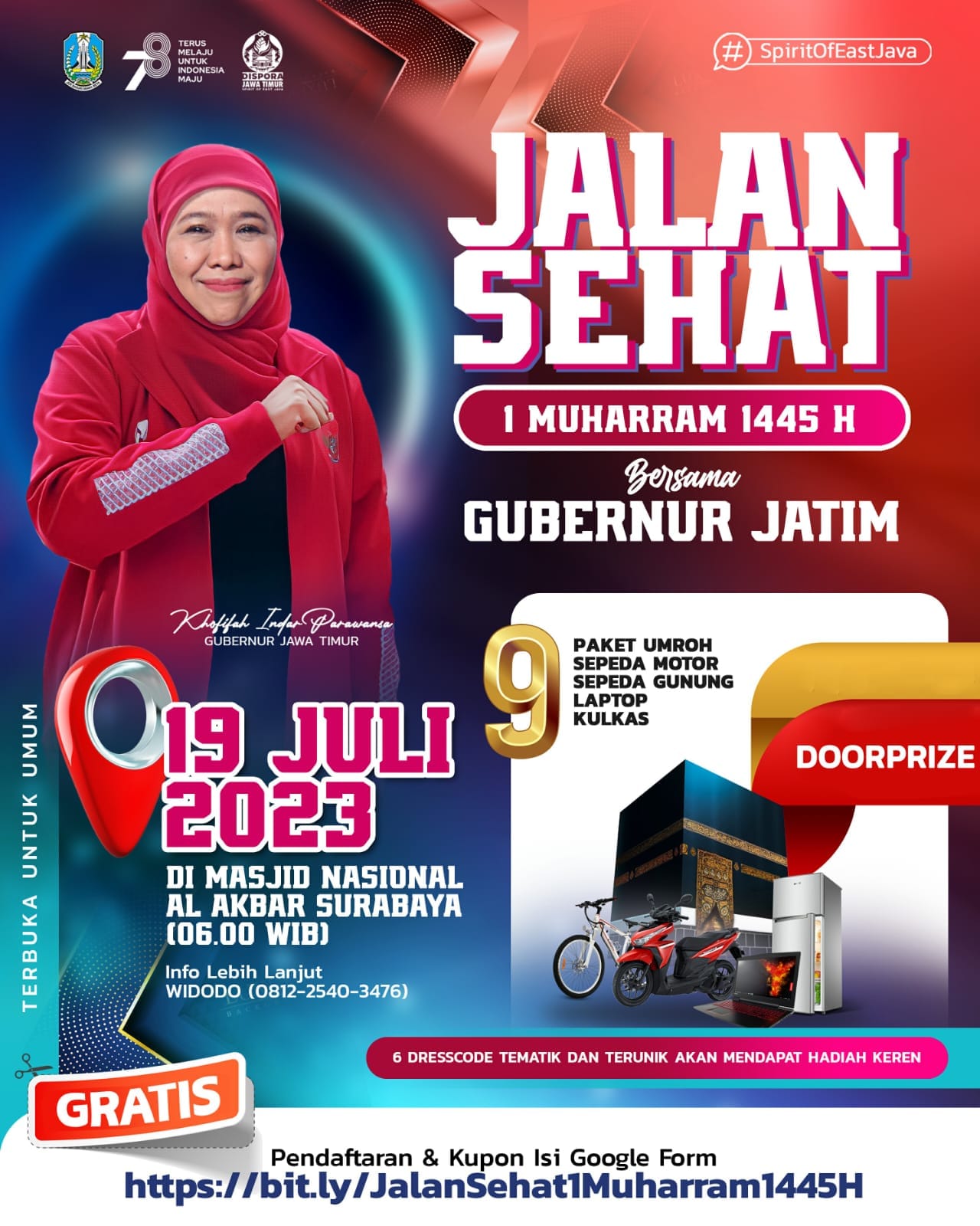 Pemprov Jatim secara khusus menggelar kegiatan Jalan sehat menyambut 1 Muharram 1445 H bersama Gubernur Jawa Timur Khofifah Indar Parawansa yang akan mengambil start dan finish di Masjid Nasional Al Akbar Surabaya (MAS) pada Rabu (19/7).
