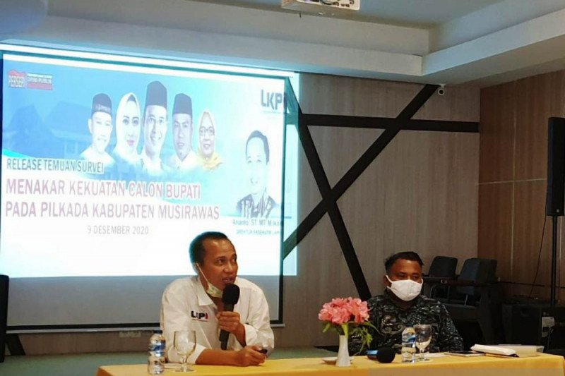 Direktur Eksekutif Lembaga Kajian Publik Independen (LKPI) Arianto memaparkan hasil survei Pilkada 2020. (ANTARA/Yudi Abdullah/20)


