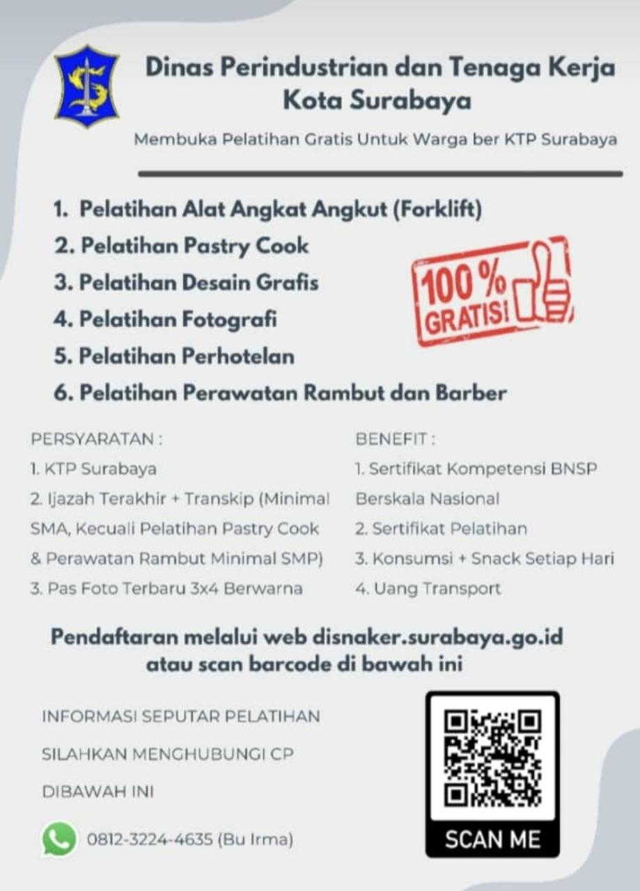 Pemkot Surabaya melalui Dinas Perindustrian dan Tenaga Kerja Kota Surabaya akan menggelar sejumlah pelatihan untuk mencetak pekerja profesional dan memiliki sertifikat.
