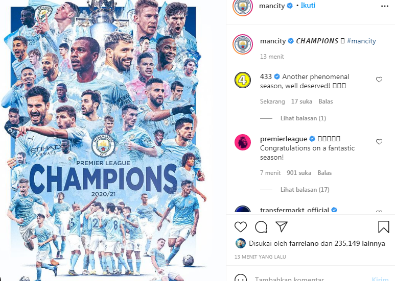IG Manchester City yang langsung banjir ucapan selamat dari fans di seluruh dunia usai memastikan gelar juara musim 2020/2021. IG Mancity