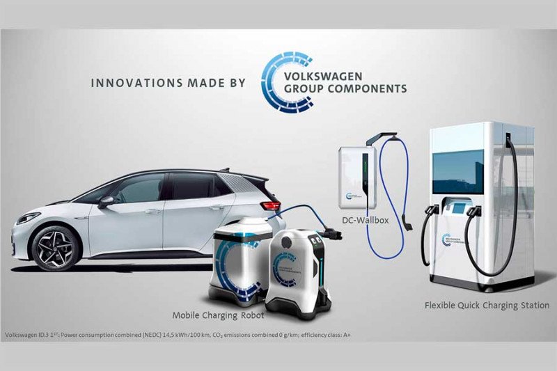 Tiga perangkat pengisi daya baterai mobil listrik Volkswagen, salah satu di antaranya yang masih diujicoba, DC wallbox. (ANTARA/Volkswagen)

