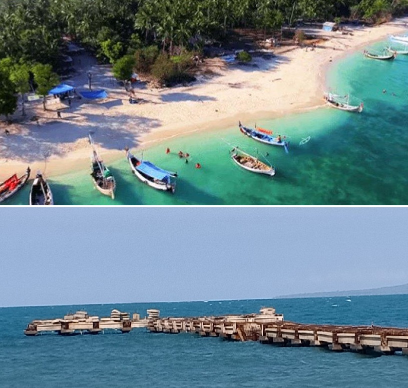 Dermaga ambruk di Pulau Gili Iyang atau yang dikenal Pulau Awet Muda ini.