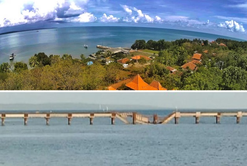 Pesona Pulau Gili Iyang yang terkenal dengan tingkat oksigen tertinggi di dunia. Foto bawah: Dermaga di sana ambruk jadi polemik karena belum genap setahun dibangun.