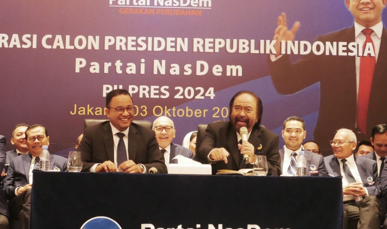 Ketua Umum (Ketum) Partai NasDem, Surya Paloh  saat mengumumkan Anies Rasyid Baswedan sebagai Calon Presiden (Capres) di Pilpres 2024 di Ballroom NasDem Tower, Jakarta Pusat, Senin (3/10). 