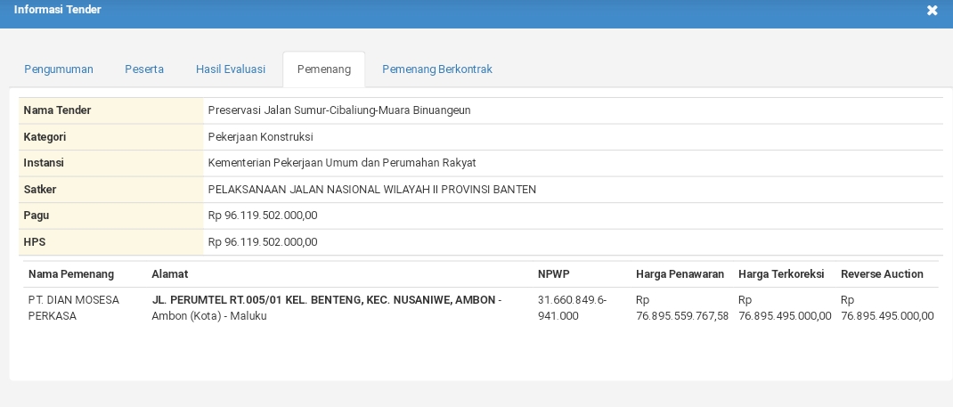 Pengumuman pemenang tender yang dimenangkan oleh PT DMK. ist