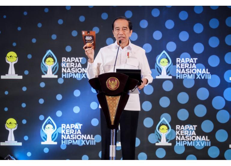Presiden Jokowi pada Peresmian Pembukaan Rakernas XVIII HIPMI Tahun 2023, di Nusantara Hall ICE BSD City, Kabupaten Tangerang, Banten, Kamis (31/08/2023).
