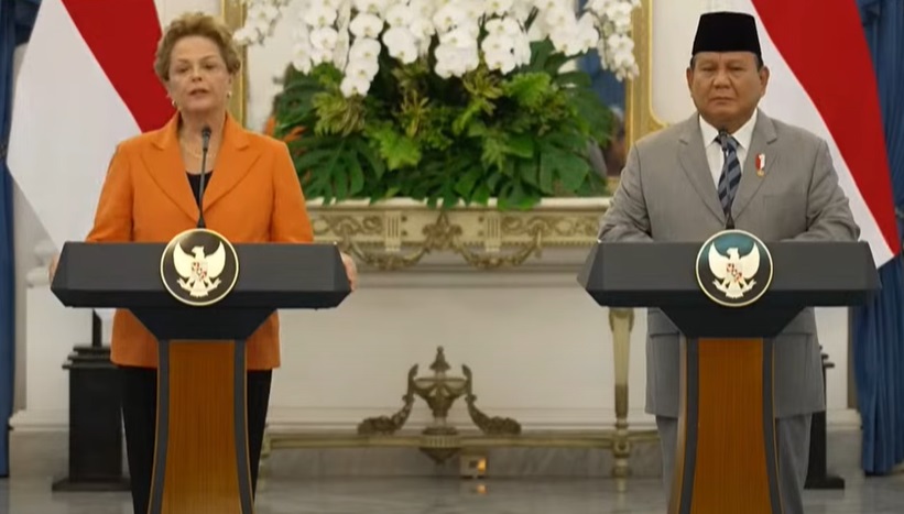 Presiden Republik Indonesia, Prabowo Subianto  bersama Presiden NDB, Dilma Rousseff secara resmi mengumumkan bahwa Indonesia telah bergabung dengan New Development Bank (NDB) di Istana Merdeka, Jakarta, pada Selasa (25/3)